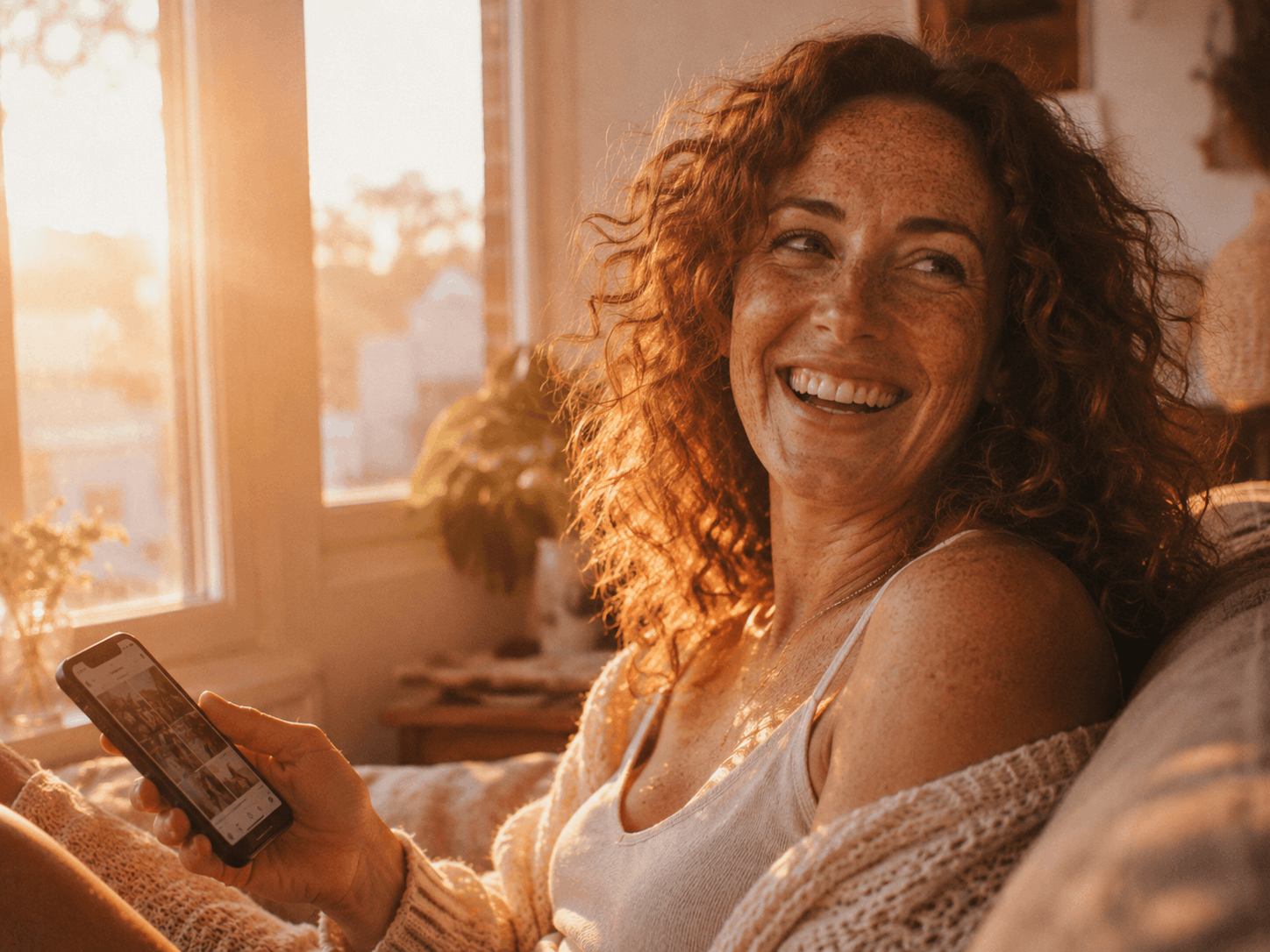 Lachende Frau mit Smartphone und Social-Media-Feed im warmen Abendlicht