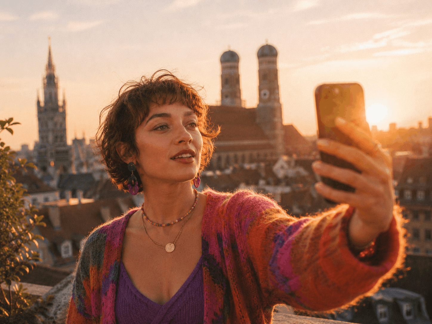 Creatorin filmt sich beim Selfie-Video auf einer Dachterrasse im Abendlicht